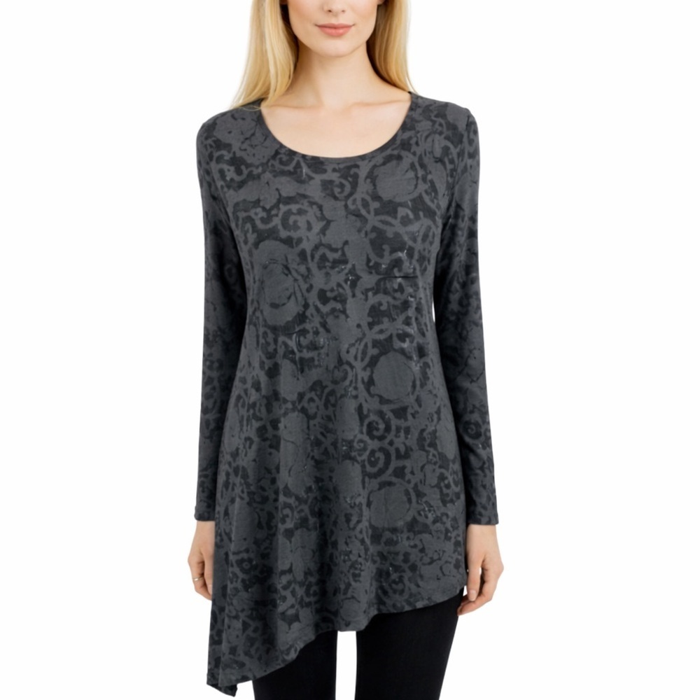 Byrn Walker Floral Damask Gray Dress Asymmetrical Side Hem Tunic Top Lagenlook S